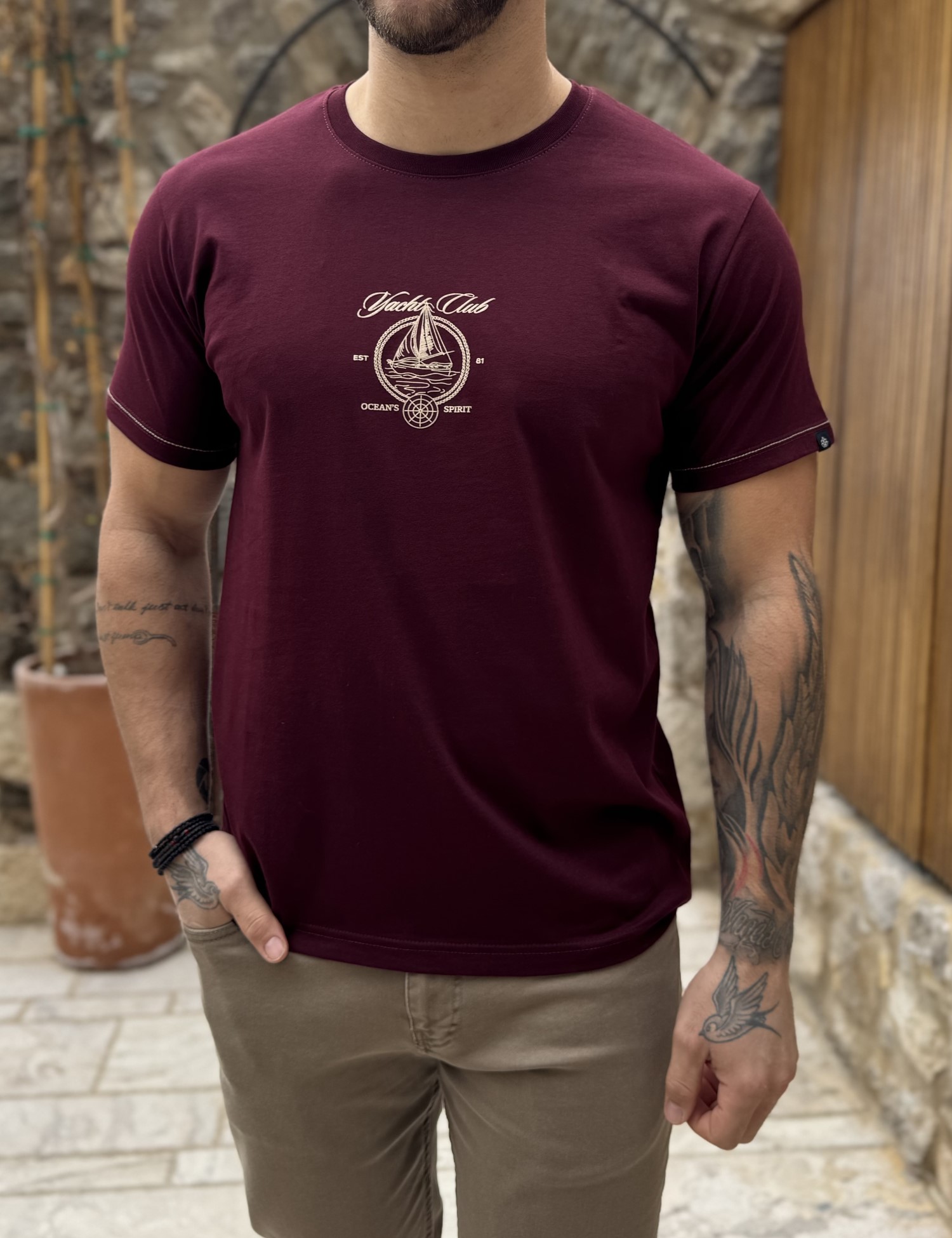 Everbest ανδρική μπορντό κοντομάνικη μπλούζα με τύπωμα Plus Size 262803B